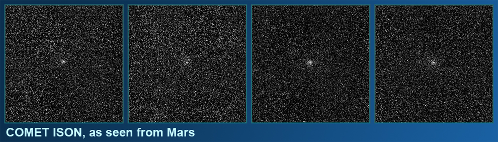 Comet ISON in four image frames looks like a fuzzy dot against a star filled sky from Mars