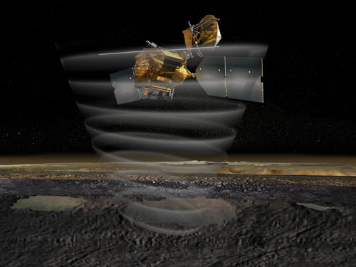 In this artist's concept image the Mars Reconnaissance Orbiter spacecraft is set against the black background of space, dotted with stars.  The spacecraft's radar, represented by a long, horizontal, silver-colored pole, 