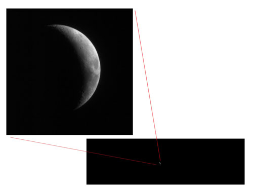 This image shows a pair of views of the moon taken by a camera on the Mars Reconnaissance Orbiter.