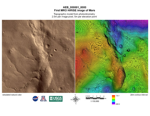 This is a topographic map of part of the area covered by the first image of Mars obtained by the High Resolution Imaging Science Experiment (HiRISE) camera on NASA's Mars Reconnaissance Orbiter spacecraft.