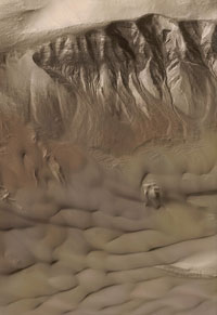 Mars gullies in a crater at 42.4S, 158.2W, exhibits patches of wintertime frost on the crater wall, and dark-toned sand dunes on the floor