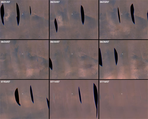 Series of MRO MARCI image mosaics of a portion of Mars showing changes in dust storm activity and dust obscuration from 21 June through 18 July 2007.