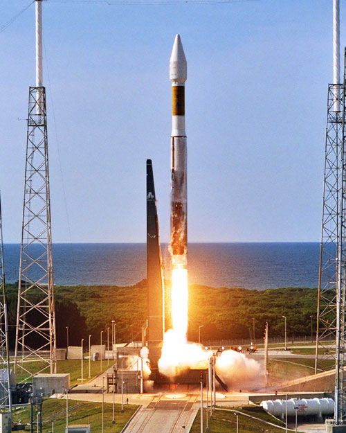 This image features an Atlas 5 rocket just as it ignites and begins to liftoff.