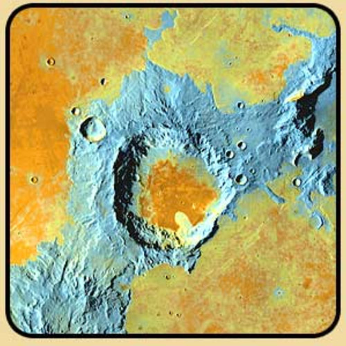 At the center of this image is a large crater with rough walls and debris from the impact strewn about.  Much of this rougher terrain is colored blue and extends diagonally from bottom left to top right.  Smoother lava surfaces colored orange and yellow come in around the crater and ejected material.  Smaller craters formed after the impact crater and the lava randomly dot the surface as well.