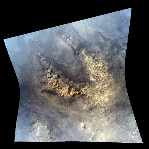 This image shows rugged highland material in an area near the Martian equator