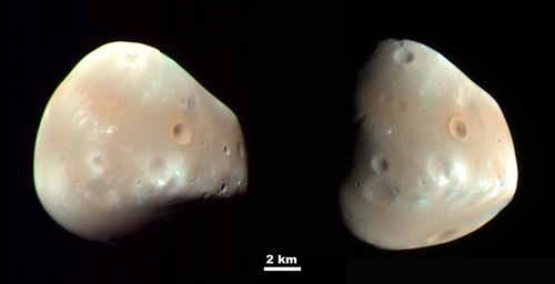 These color-enhanced views of Deimos, the smaller ot the two moons of Mars, result from imaging on Feb. 21, 2009.