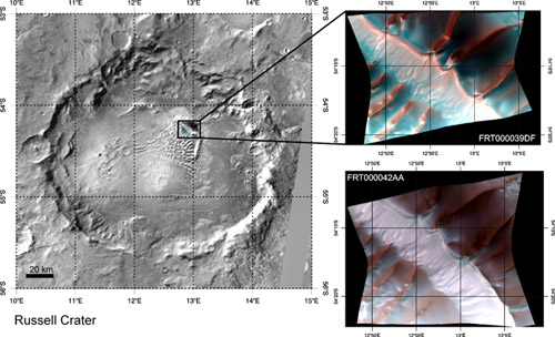This is a group of images.  The image on the left is the largest of the three and is a black and white image of a large crater on Mars.  In the right, center of this image is a small black box representing the area that is detailed in the two smaller images on the right. The two images to the right of the black and white image are the same size and they both represent the same area.  In the tope image, the dunes represented appear blue and orange.  In the bottom image, the dunes appear almost entirely orange-colored, with only hints of blue.