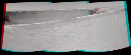 This image is a 3d image of Opportunity's view on the rim of 'Victoria Crater'