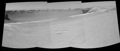 This image is a 'right eye' view from Opportunity on the rim of 'Victoria Crater'