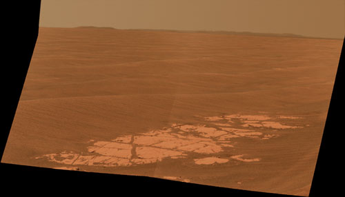 NASA's Mars Exploration Rover Opportunity used its panoramic camera (Pancam) to capture this view of the rim of Endeavour crater