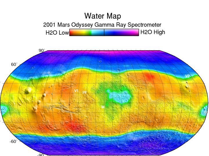 This map shows regions high in hydrogen at the north and south poles. The areas shown in blue and violet are believed to consist of 50% water ice by volume.