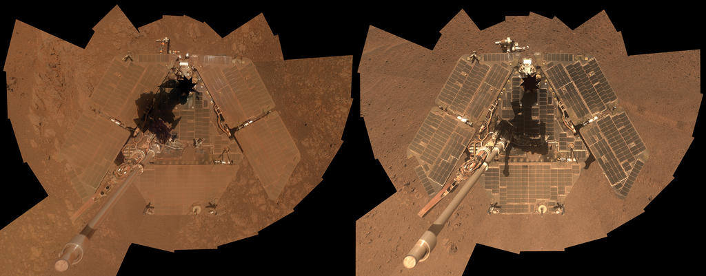 This self-portrait from overhead shows a side-by-side view of the rover solar panels. The solar panels on the left appear brown and dusty, while the solar panels on the right are light gray-green and appear wiped clean of dust.
