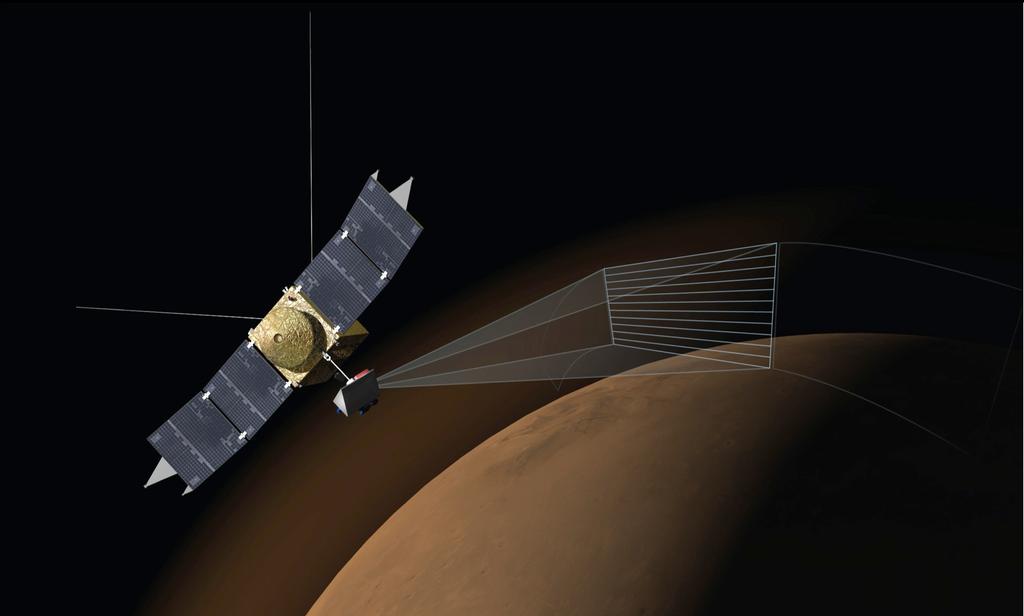 This illustration depicts the Imaging Ultraviolet Spectrograph (IUVS) on NASA's MAVEN spacecraft scanning the upper atmosphere of Mars.