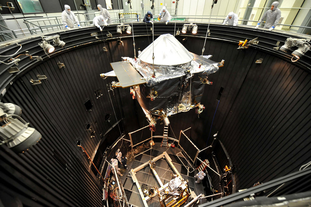 The MAVEN spacecraft is moved into the Thermal Vacuum Chamber (TVAC) at Lockheed Martin on May 16, 2013.