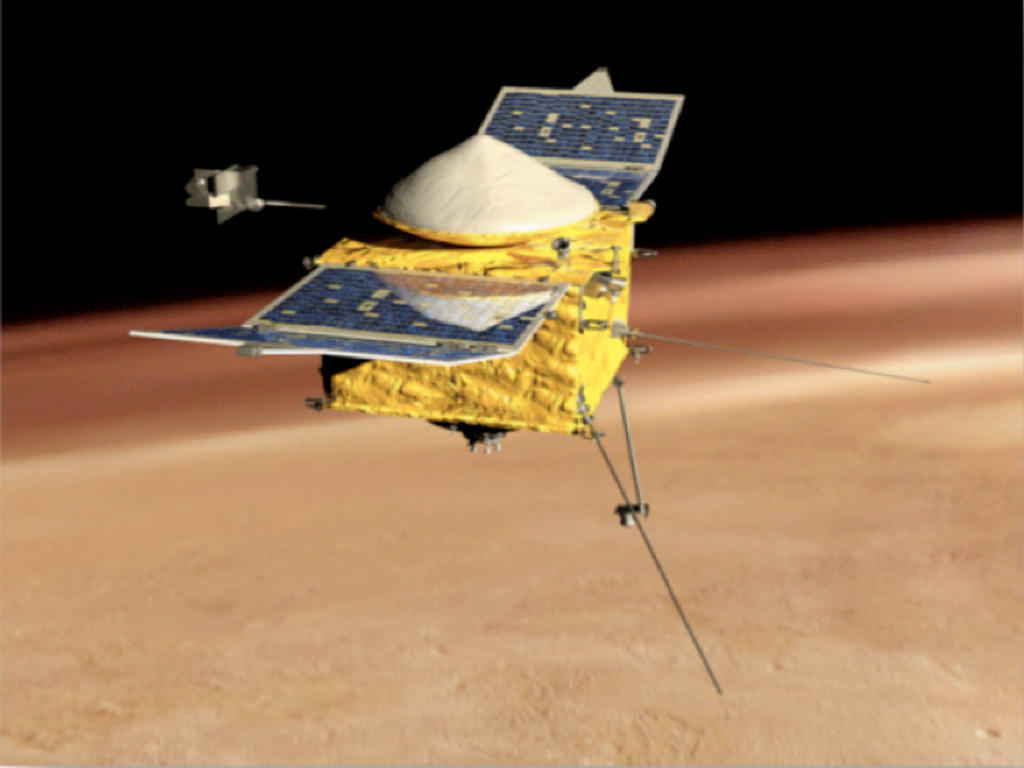 This is a side view of an artist's conception of NASA's Mars Atmosphere and Volatile Evolution MissioN (MAVEN) Mars orbiter.