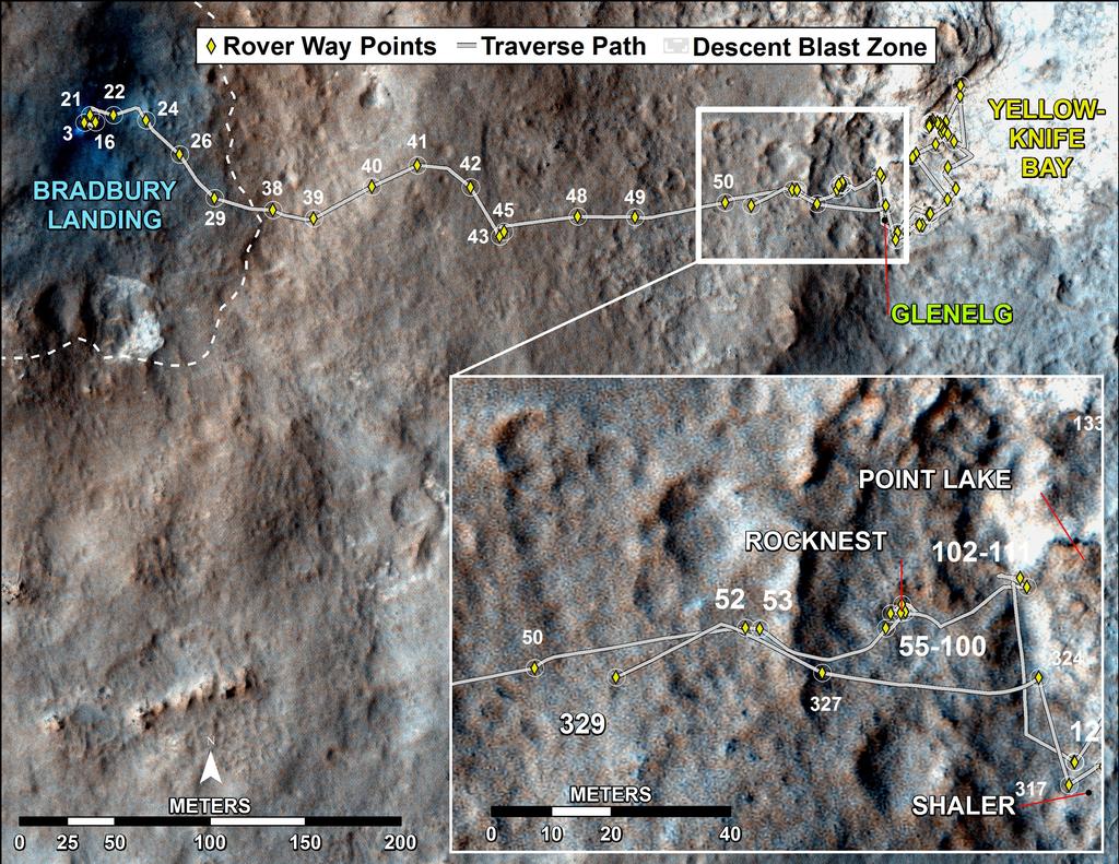 This map shows the route driven by NASA's Mars rover Curiosity through the 329 Martian day, or sol, of the rover's mission on Mars (July 10, 2013).