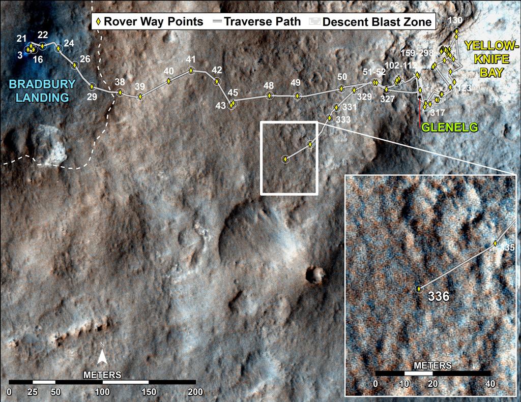 This map shows the route driven by NASA's Mars rover Curiosity through the 336 Martian day, or sol, of the rover's mission on Mars (July 17, 2013).