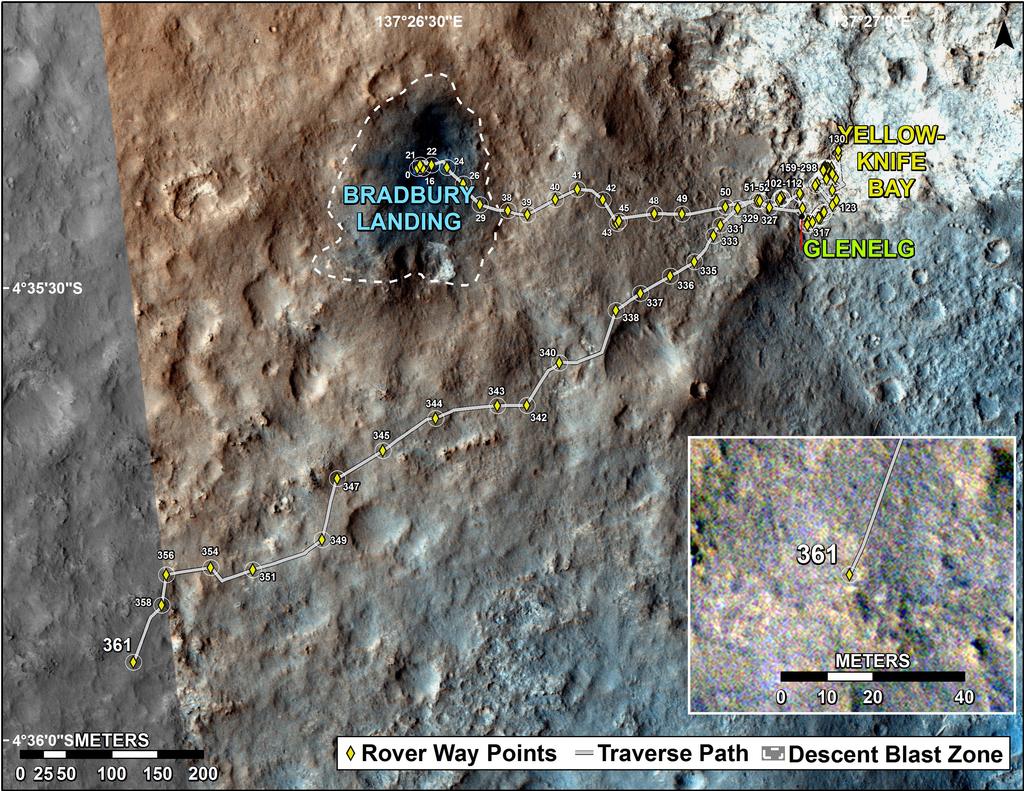 This map shows the route driven by NASA's Mars rover Curiosity through the 361 Martian day, or sol, of the rover's mission on Mars (August 12, 2013).