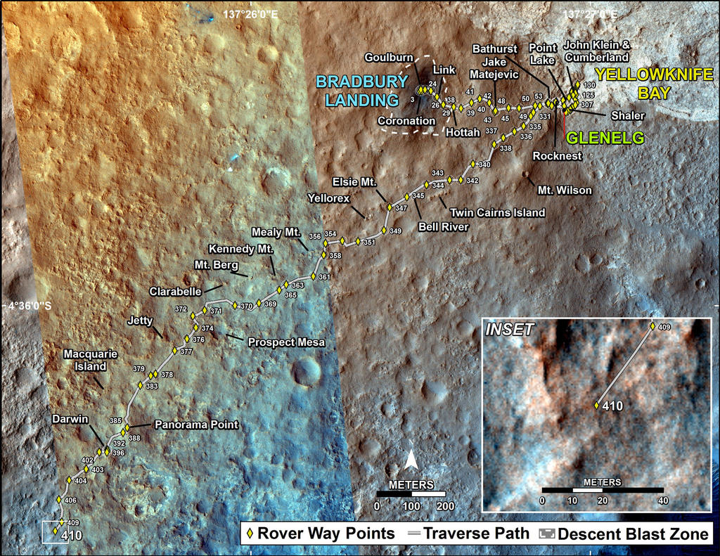 This map shows the route driven by NASA's Mars rover Curiosity through the 410 Martian day, or sol, of the rover's mission on Mars (October 1, 2013).