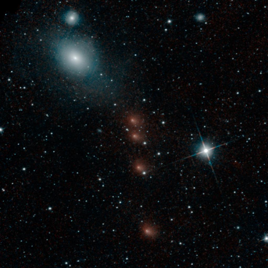 NASA's NEOWISE mission detected comet C/2013 A1 Siding Spring on July 28, 2014, less than three months before this comet's close flyby of Mars on Oct. 19. This merging of multiple images presents the comet in four different positions relative to the background stars.