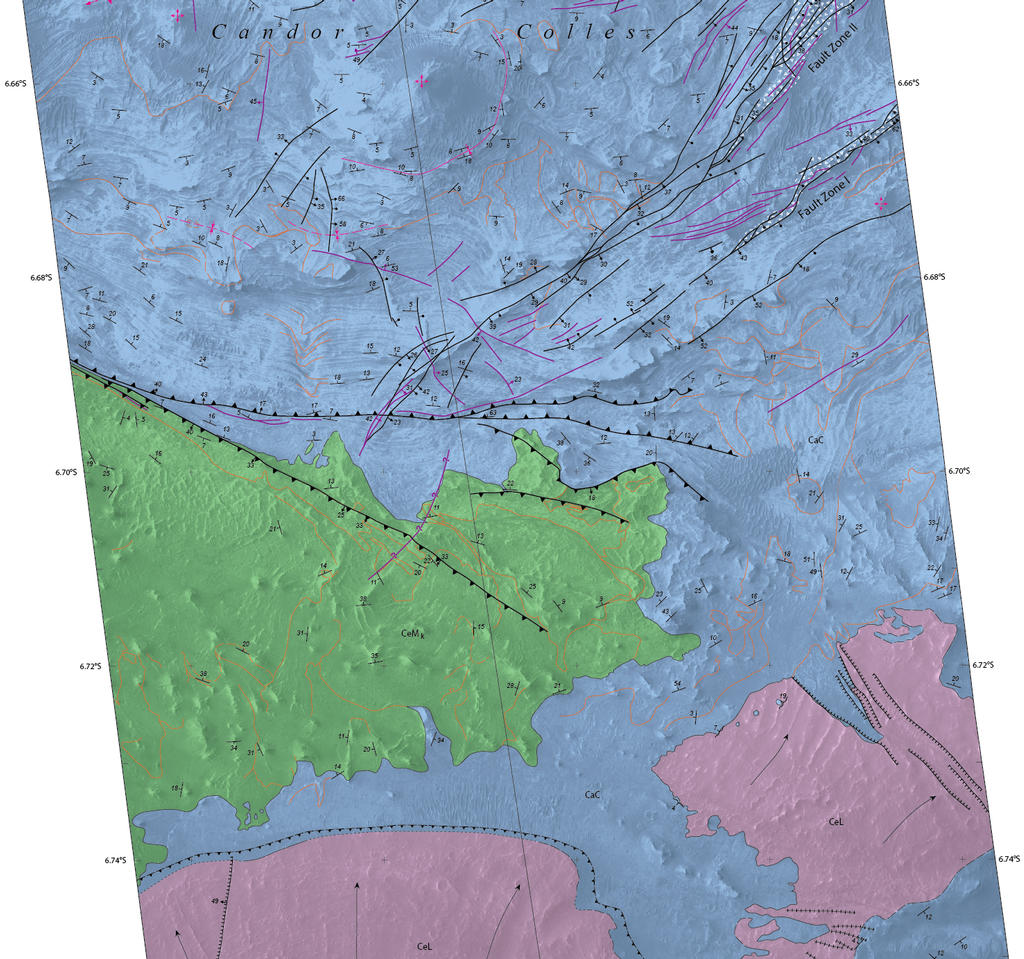 Details of hilly terrain within a large Martian canyon are shown on a geological map based on observations from NASA's Mars Reconnaissance Orbiter and produced by the U.S. Geological Survey.