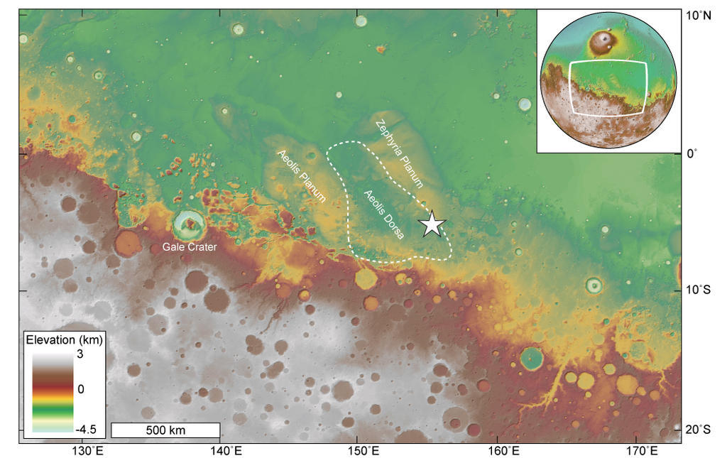 Overview map showing the location of the study area within Aeolis Dorsa (star).