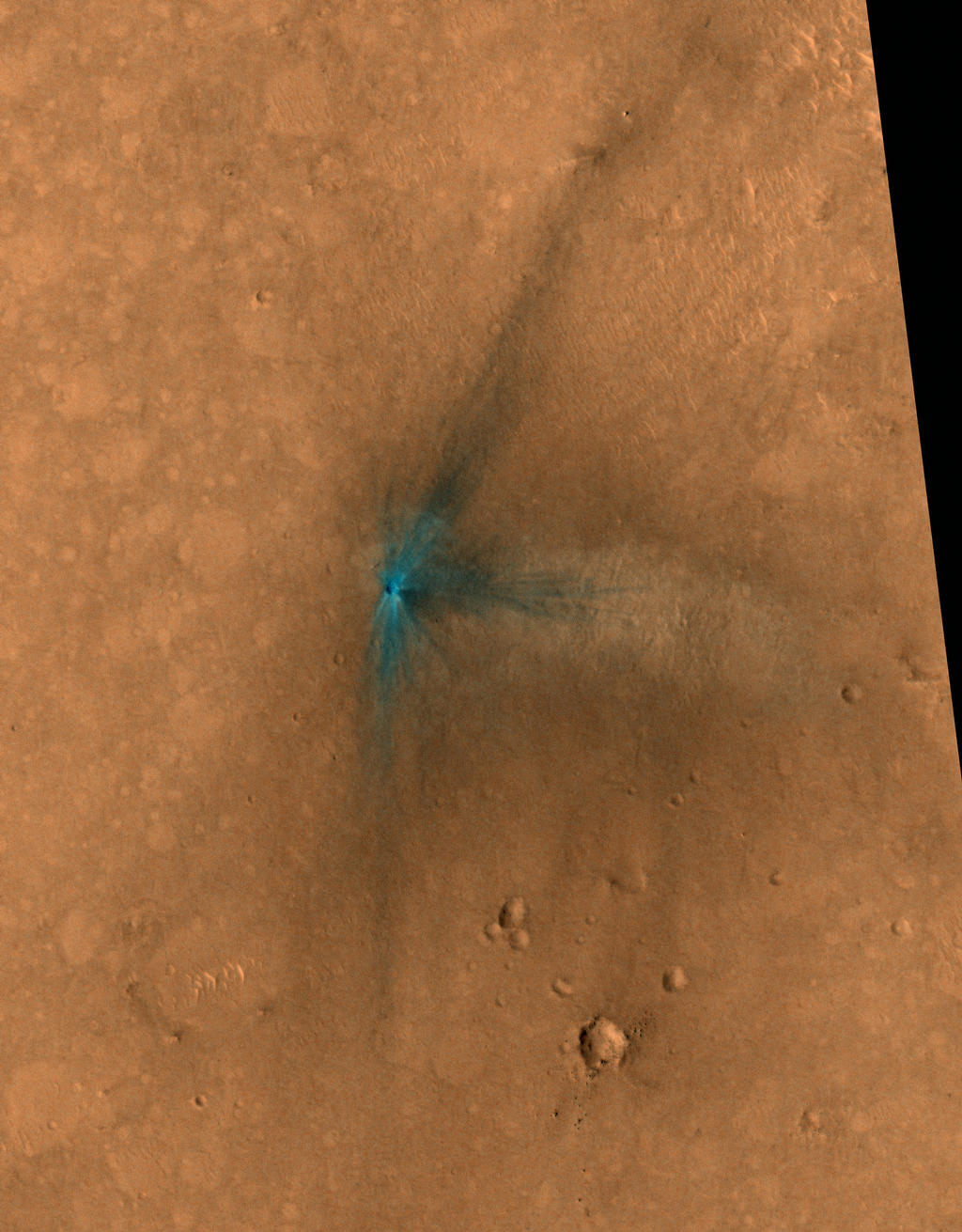 This image from the NASA Mars Reconnaissance Orbiter shows an impact scar on Mars made by pieces of the NASA Mars Science Laboratory spacecraft that the spacecraft shed just before entering the Martian atmosphere.