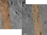 These images from the NASA Mars Reconnaissance Orbiter show several impact scars on Mars made by pieces of the NASA Mars Science Laboratory spacecraft that the spacecraft shed just before entering the Martian atmosphere.