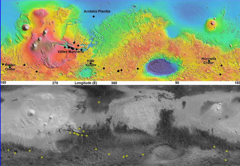 This pair of maps indicates locations of confirmed sites of recurrent slope linea on Mars, with respect to elevation (upper map) and surface brightness, or albedo (lower map).