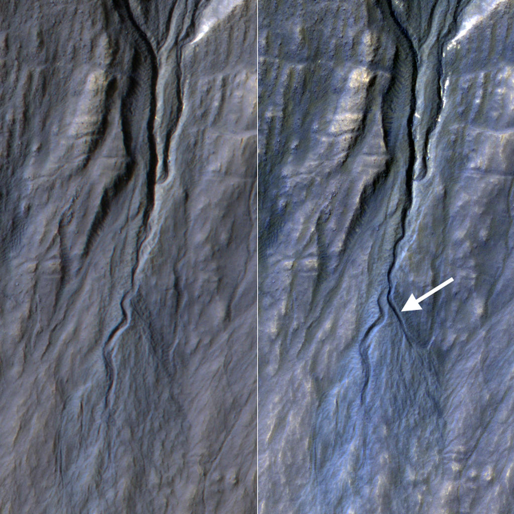 This pair of before (left) and after (right) images from the High Resolution Imaging Science Experiment (HiRISE) camera on NASA's Mars Reconnaissance Orbiter documents formation of a new channel on a Martian slope between 2010 and 2013, likely resulting from activity of carbon-dioxide frost.