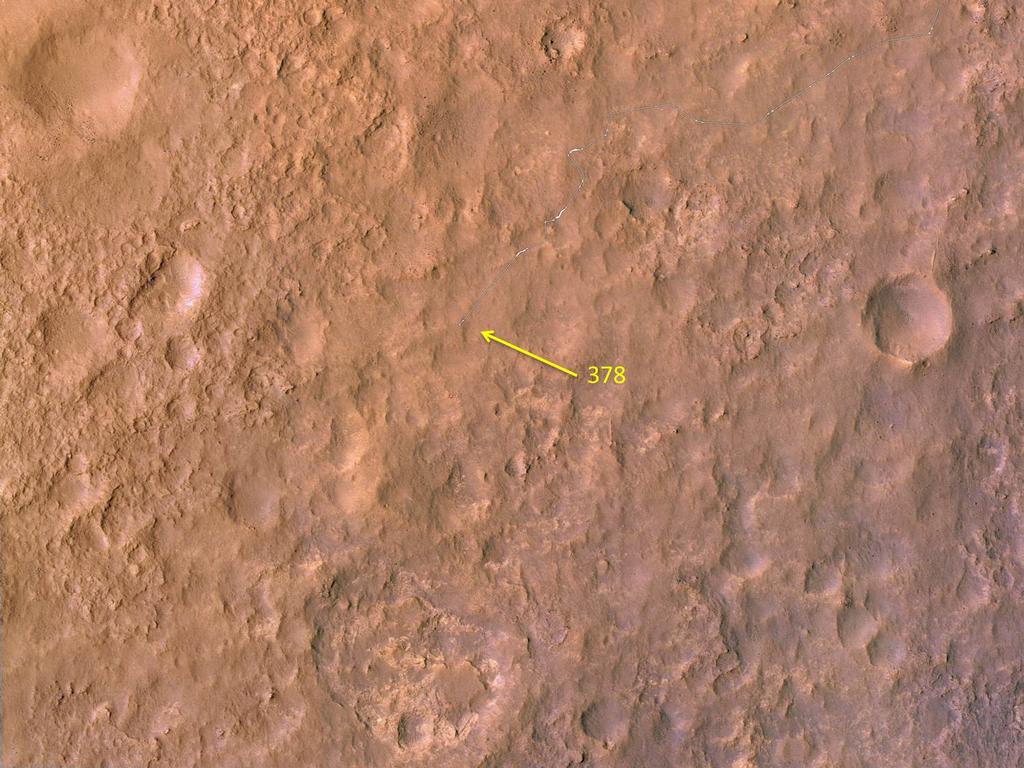This map shows the route driven by NASA's Mars rover Curiosity through the 378 Martian day, or sol, of the rover's mission on Mars (August 29, 2013).