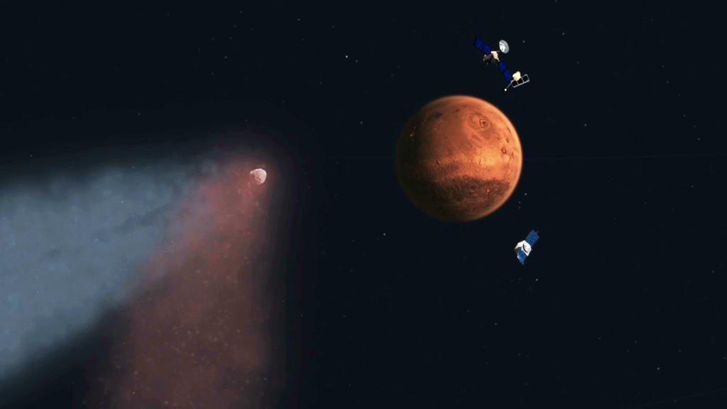 Artist's concept of Comet Siding Spring approaching Mars, shown with NASA's orbiters preparing to make science observations of this unique encounter.