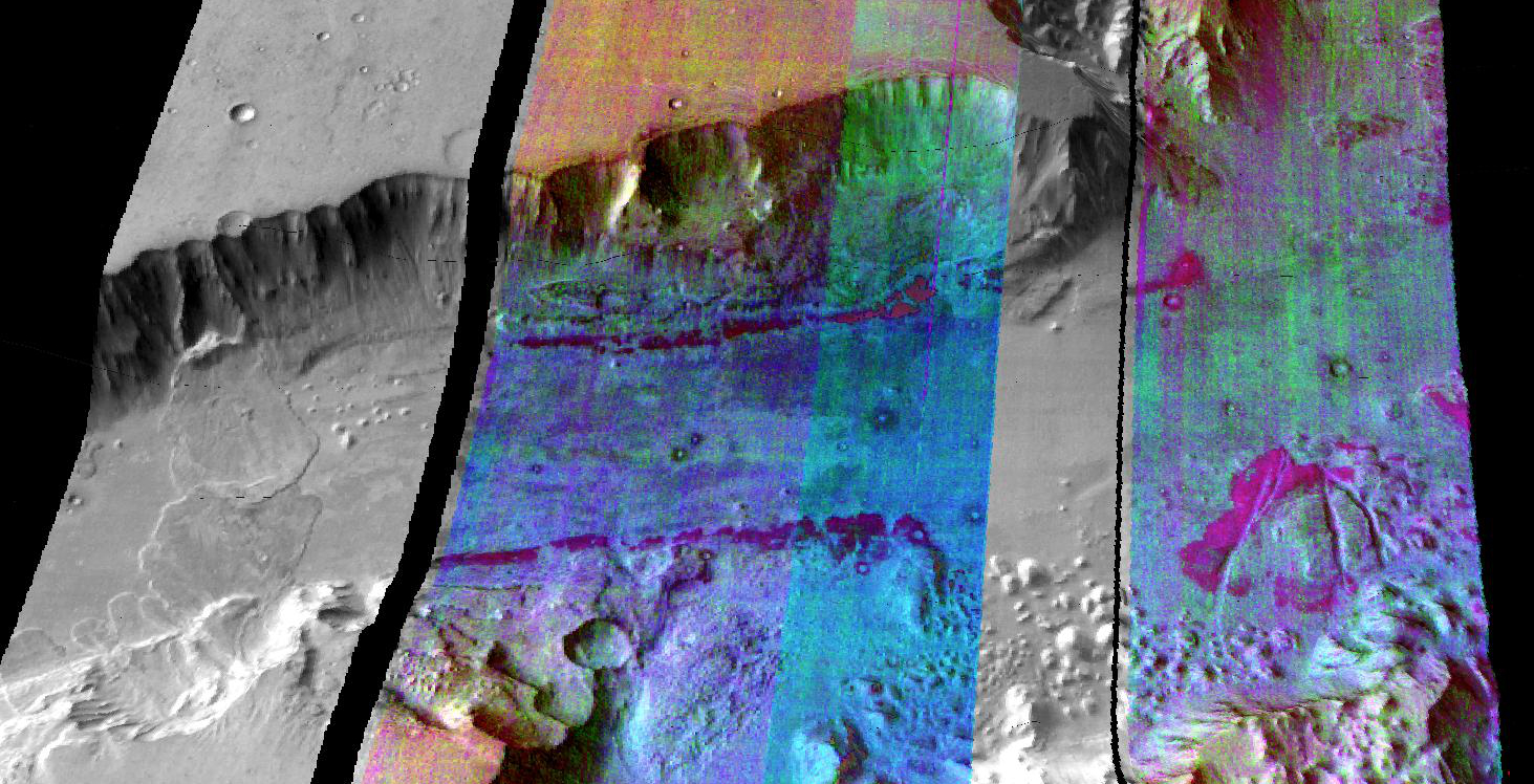 This false-color infrared image was taken by the camera system on the Mars Odyssey spacecraft over part of Ganges Chasma in Valles Marineris