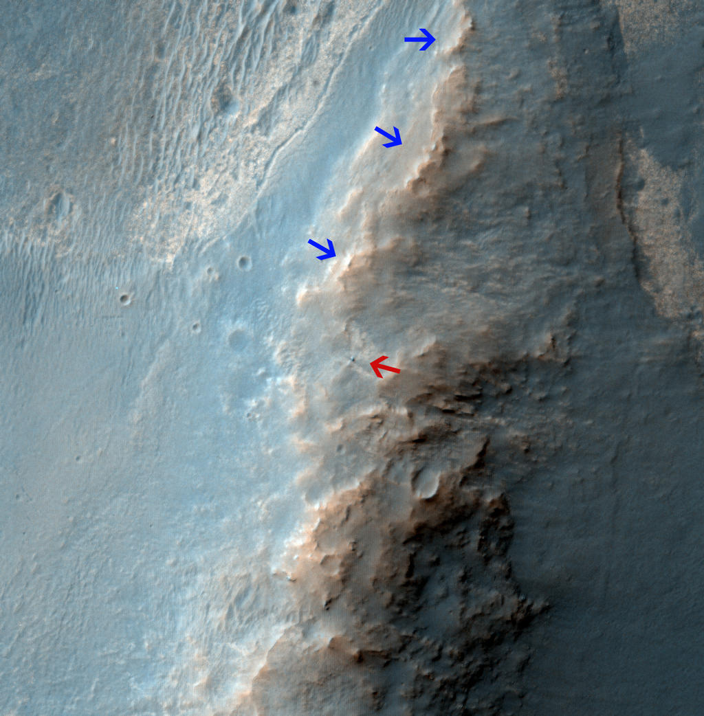 The High Resolution Imaging Science Experiment (HiRISE) camera on NASA's Mars Reconnaissance Orbiter caught this view of NASA's Mars Exploration Rover Opportunity on Feb. 14, 2014.