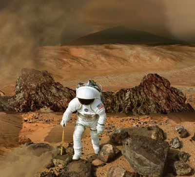 In this artist's concept, astronauts search for ancient microbial life on Mars.