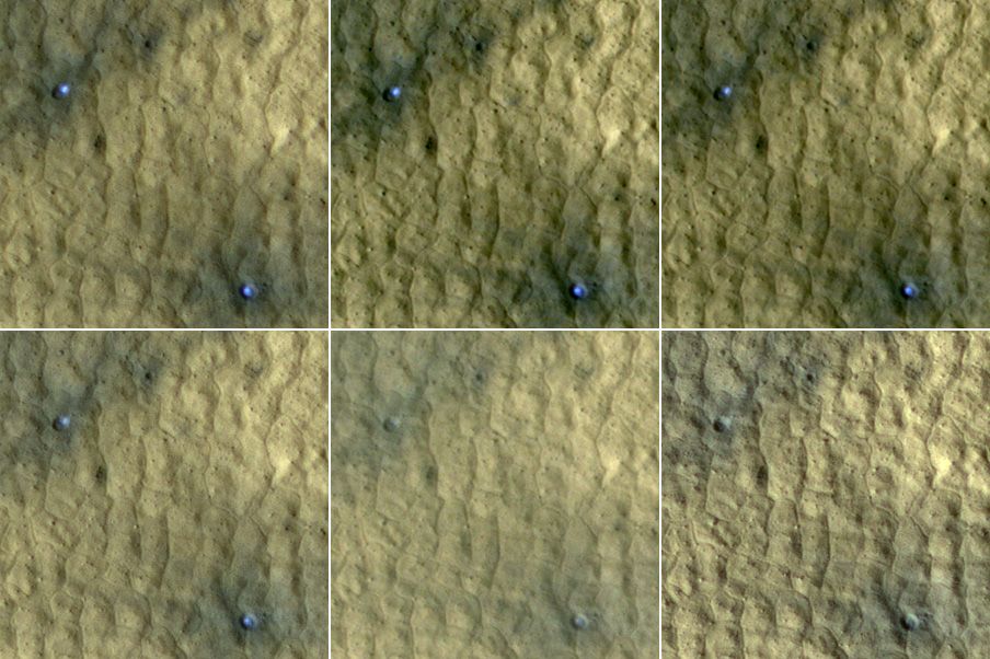 This series of images spanning a period of 15 weeks shows a pair of fresh, middle-latitude craters on Mars in which some bright, bluish material apparent in the earliest images disappears by the later ones.