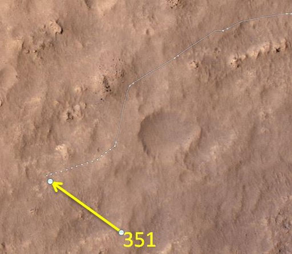This map shows the route driven by NASA's Mars rover Curiosity through the 351 Martian day, or sol, of the rover's mission on Mars (August 1, 2013).