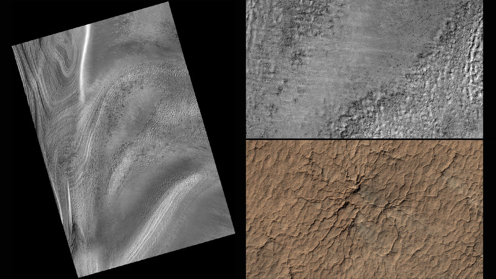 This series of images from NASA's Mars Reconnaissance Orbiter successively zooms into "spider" features -- or channels carved in the surface in radial patterns -- in the south polar region of Mars.