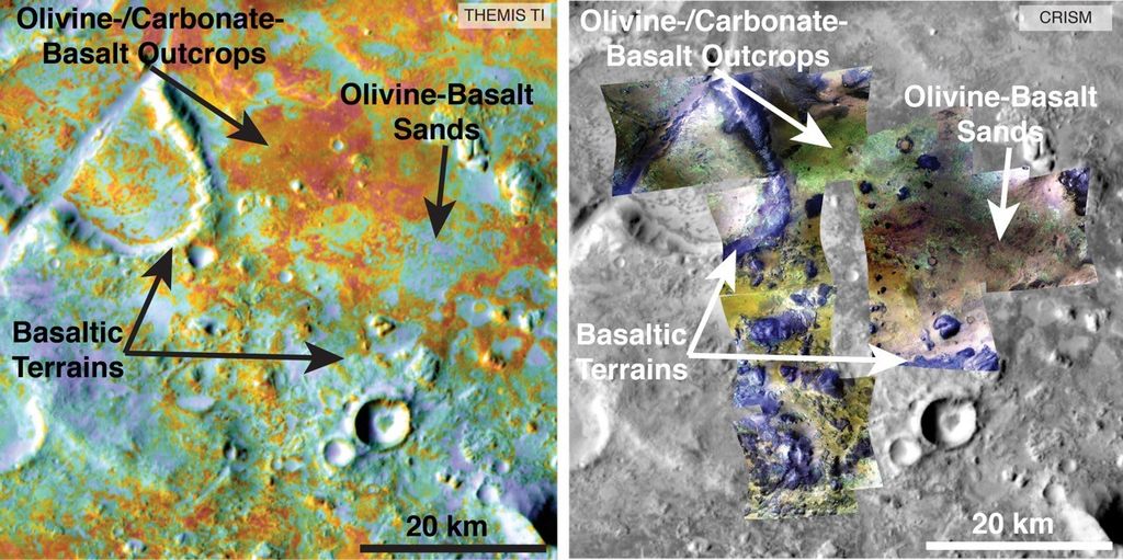 Researchers estimating the amount of carbon held in the ground at the largest known carbonate-containing deposit on Mars utilized data from five instruments on three different NASA Mars orbiters, including physical properties from THEMIS (left) and mineral information from CRISM (right).