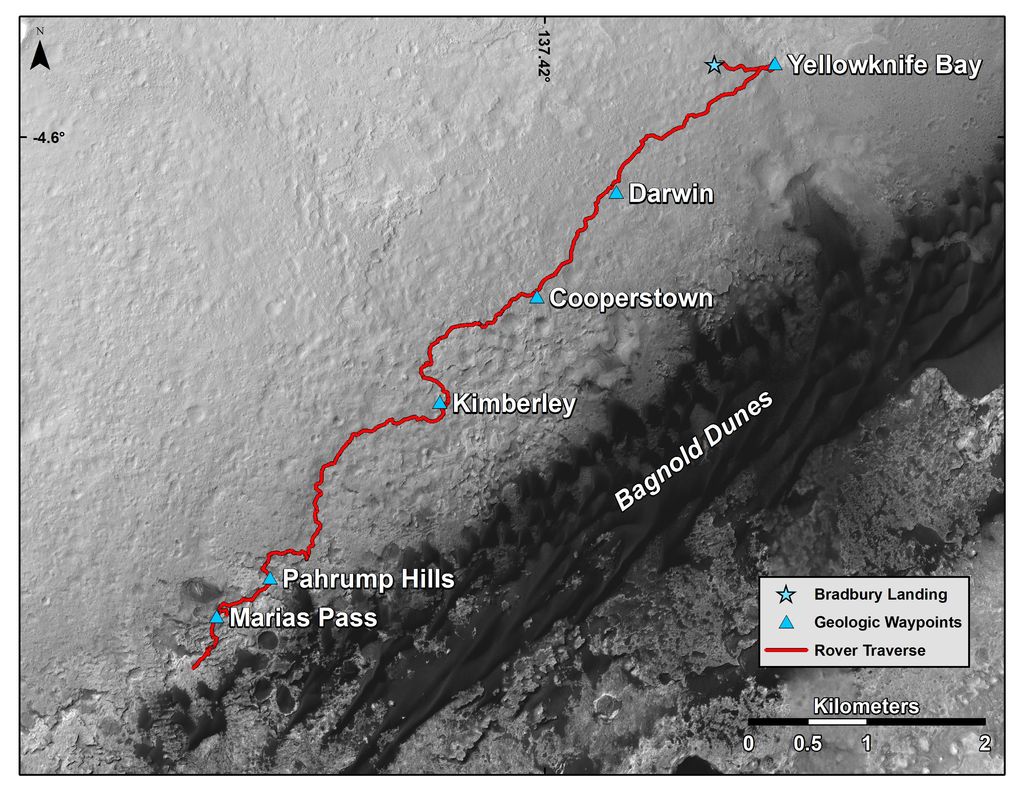 This map shows the route driven by NASA's Curiosity Mars rover from the location where it landed in August 2012 to its location in mid-November 2015, approaching examples of dunes in the "Bagnold Dunes" dune field.