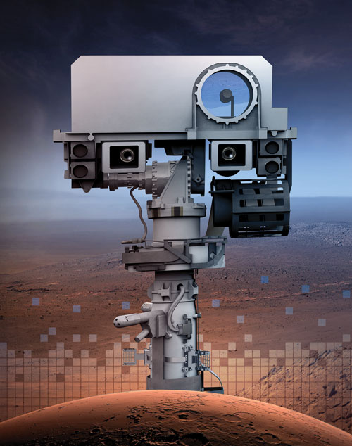 A close-up profile photo of Perseverance showing the mast, or neck of the rover, with the head on top which contains the two cameras, that look like eyes.