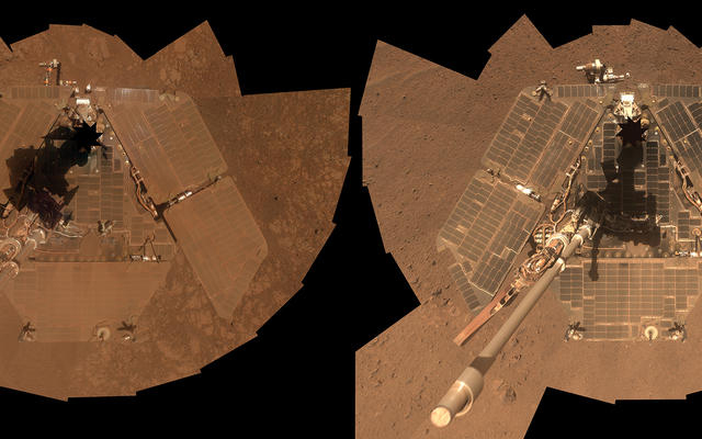 A self-portrait of NASA's Mars Exploration Rover Opportunity taken in late March 2014 (right) shows that much of the dust on the rover's solar arrays has been removed since a similar portrait from January 2014 (left).