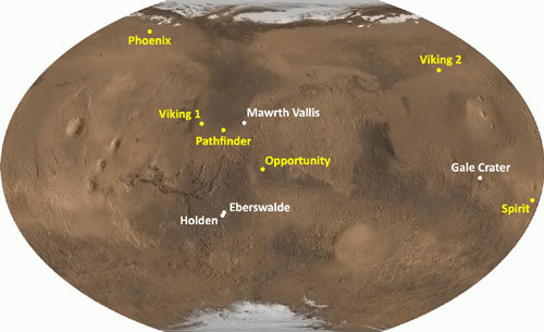 Mars Globe with landing spots.