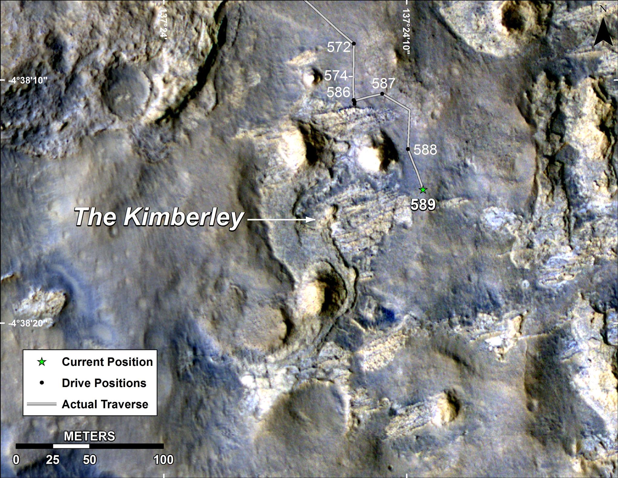Map of Curiosity Mars Rover's Drives to 'the Kimberley' Waypoint